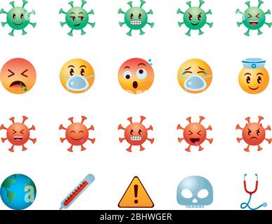 warning signs and emojis coronavirus icon set over white background, gradient style, vector illustration Stock Vector