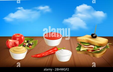 mock up illustration of sandwich and different sauces on abstract background Stock Vector