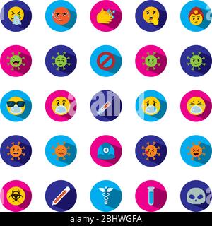 biohazard symbol and emojis coronavirus icon set over white background, block style, vector illustration Stock Vector