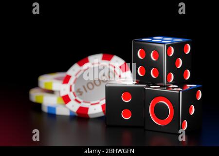 Cube black dice stack in the dark background. Casino chips are used to represent money in the gambling craps game. Ideas for luck and risk in the bett Stock Photo