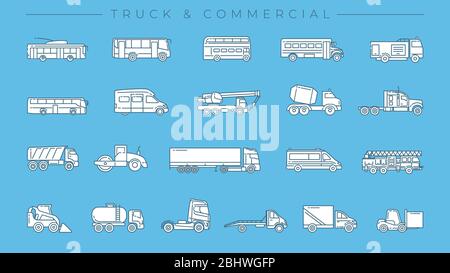 Truck and Commercial concept line style vector icons set. Stock Vector