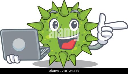 Cartoon character of vibrio cholerae clever student studying with a laptop Stock Vector