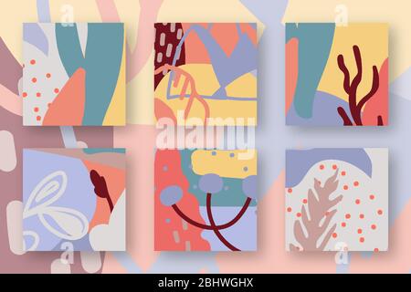 Abstract floral doodle objects. Square backdrops of organic elements different shapes. Trendy textures doodle spots, dots, lines. Contemporary creative hand drawn art. Isolated vector illustration Stock Vector