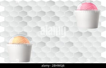 mock up illustration of ice cream cup in different flavors with transparent cover on abstract blue background Stock Vector