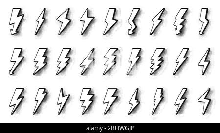 Set of comic lightning bolt pop art style with halftone dot shadow. Blank template sign emblem voltage in cartoon style. Different shapes shock lightnins flash. Isolated on white vector illustration Stock Vector