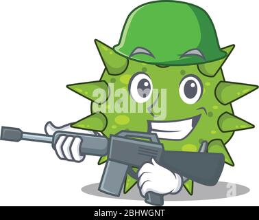 A cartoon picture of vibrio cholerae in Army style with machine gun Stock Vector