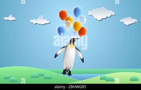 penguin is flying with balloons in garden Stock Vector