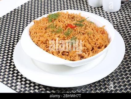 Kabsa dish (Arabic famous traditional food. Mandi rice with grilled ...