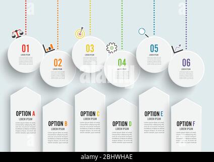 Template Timeline Infographic colored horizontal numbered for six position can be used for workflow, banner, diagram, web design, area chart. Stock Vector