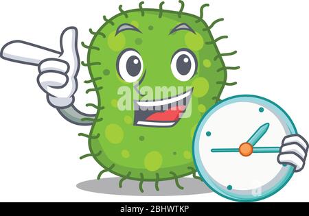 Escherichia mascot design concept smiling with clock Stock Vector