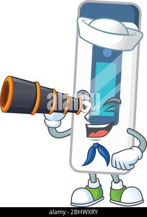 Digital thermometer in Sailor cartoon character style using a binocular Stock Vector