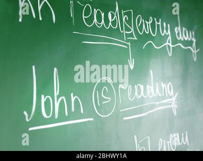 Teacher hand writing grammar sentences on blackboard background Stock Photo