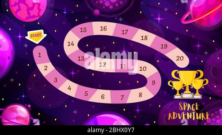 Graphic user interface for space adventure game. Template for children's board game. Vector background with funny and cute planets. Stock Vector