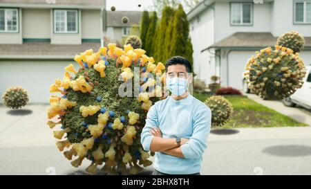 Man Wearing Mask Standing on Street Flooded by 3D Coronavirus Molecules - Protection Against the NCOV COVID-19 Influenza Virus - Worldwide Pandemic Stock Photo