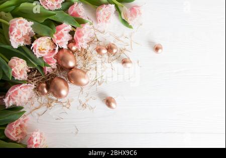 Top view of beautiful golden easter eggs Stock Photo