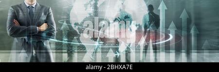 Planet globe 3D Businwss background. Silhouettes against the city background. Stock Photo