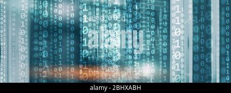 Digital Binare Code on Data Center Background. Technology Panoramic Wallpaper for your Business Stock Photo