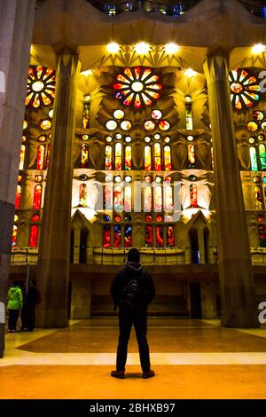 Stained glass windows inside La Sagrada Familia Stock Photo
