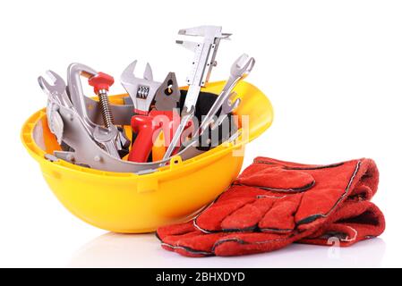 Construction tools in helmet close up Stock Photo