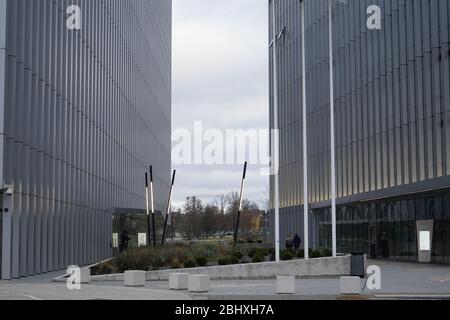 Nicely decorated space between modern office buildings in the city Stock Photo
