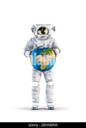 Astronaut with Earth / 3D illustration of space suit wearing male figure holding planet Earth globe isolated on white studio background Stock Photo