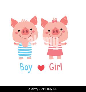 Vector Piggy Girl and Boy. Cartoon illustration for Christmas card, prints, calendar, sticker, invitation, baby shower, children clothes, posters. Stock Vector