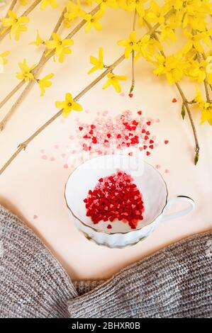 spring tea party. small white cup filled with pink and red spangles stars and saucer on a light background with spring yellow forsythia flowers . Flat Stock Photo