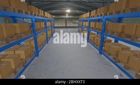 3D illustration of cardboard boxes inside on pallets racks in warehouse Stock Photo