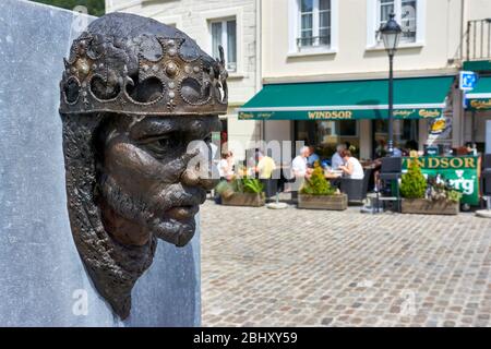 Contemporary bronze sculpture of the head of the crusader Godefroid (Godefroy) de Bouillon in the tourist center of Bouillon in Belgium. Stock Photo