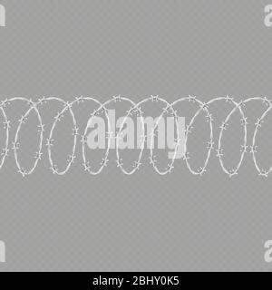 Set of spiral shape barbed wire isolated on transparent background. Horizontal seamless pattern with twisted barbwire. EPS 10 Stock Vector