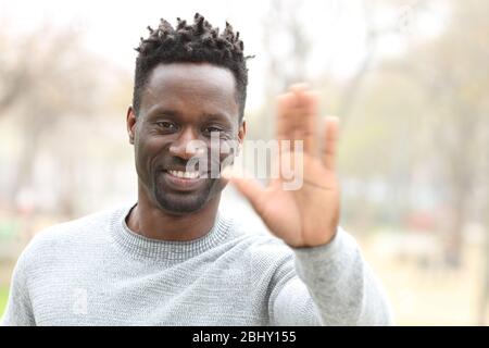 Happy black man waving hand on hello gesture looking at camera standing in a park