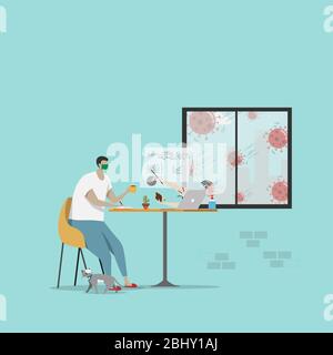 student watch online lesson and make lecture via laptop at home. homeschooling , e-learning education during self isolation to avoid spreading illness Stock Vector