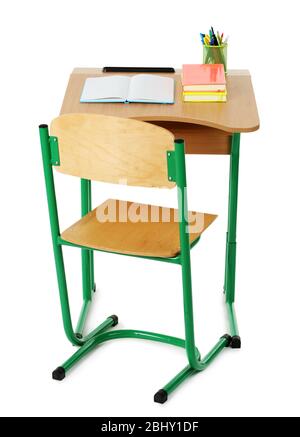 Wooden desk with stationery and chair isolated on white Stock Photo