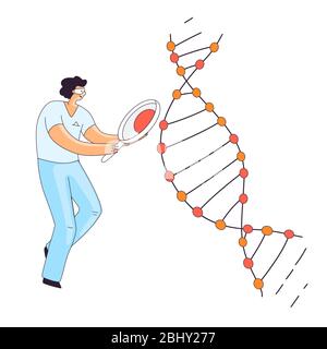 Flat Illustration of Scientist Man, Character Doing Genetic DNA Gene Research. Man looking for an Information in DNA Spiral for CRISPR Therapy, Vector Stock Vector