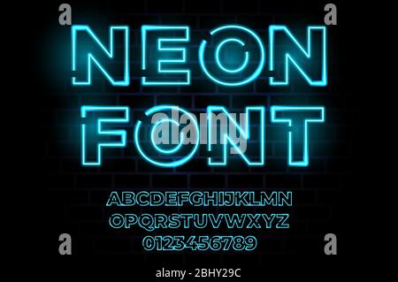 Neon lighy font. Vector glow typography realistic alphabet. Led lamp effect. Disco party fluorescent type. Stock Vector
