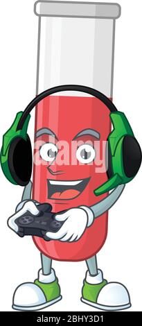 A cartoon design of red test tube talented gamer play with headphone and controller Stock Vector