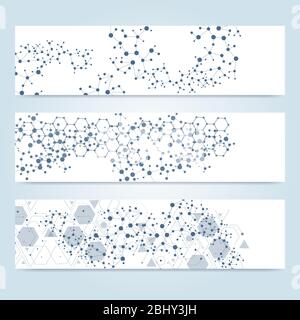 Scientific set of modern vector banners. DNA molecule structure with connected lines and dots. Scientific and technology concept. Wave flow graphic Stock Vector