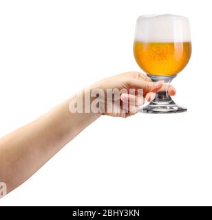 Woman hand holding glass of lager beer isolated on white. Stock Photo