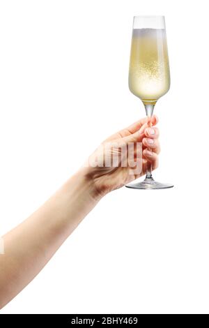 Woman hand holding glass of sparkling champagne isolated on white. Stock Photo