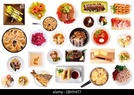 Top view of set of cooked meals and raw ingredients isolated on white Stock Photo