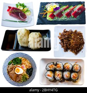 Set of various traditional dishes from Japanese cuisine isolated on white Stock Photo