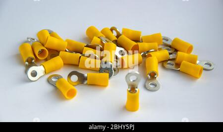 electrical crimp terminal connector. metal terminals isolated on white background. Stock Photo