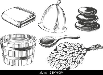 bath accessories, Russian sauna, water, steam broom, hand drawn vector illustration realistic sketch. Stock Vector