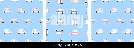Set of modern vector seamless patterns in flat style. Endless texture, wallpaper, background, fabric print. White ambulance car. Medical vehicle Stock Vector