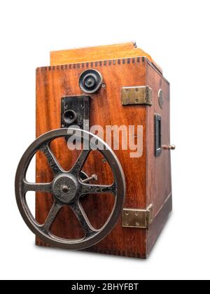 Vintage wooden copying device 35 mm films with a cartridge for blank film shot on white Stock Photo