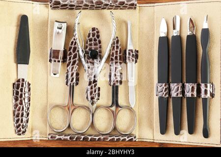 Manicure set in open case, closeup Stock Photo
