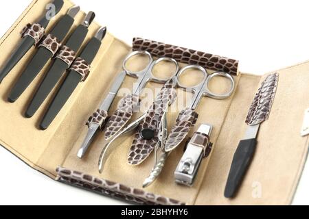 Manicure set in open case, closeup Stock Photo