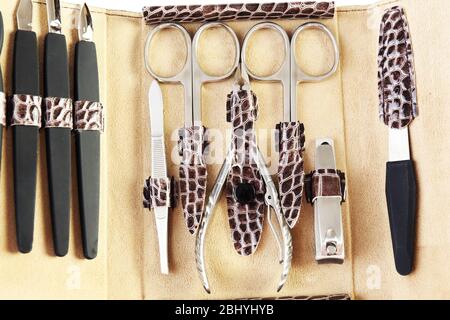 Manicure set in open case, closeup Stock Photo