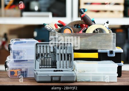 Set of tools in workshop Stock Photo