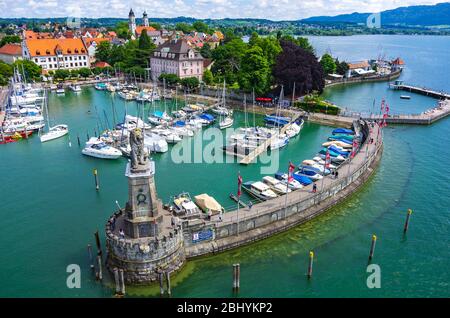 View over the harbour of Lindau in Lake Constance, Bavaria, Germany, Europe. Stock Photo